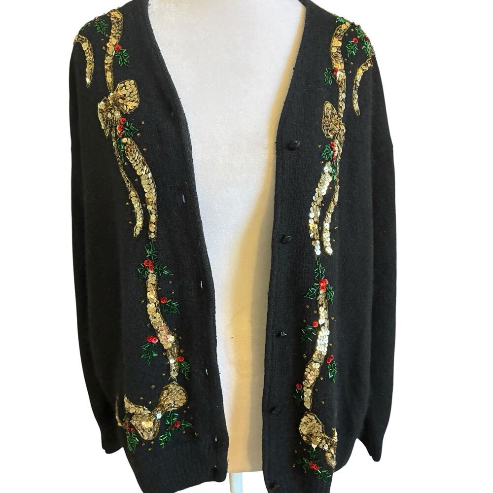 VTG 90s Black Silk Christmas Cardigan Sequin Beaded Jewels Luxury Plus Sz 2X - Picture 14 of 16